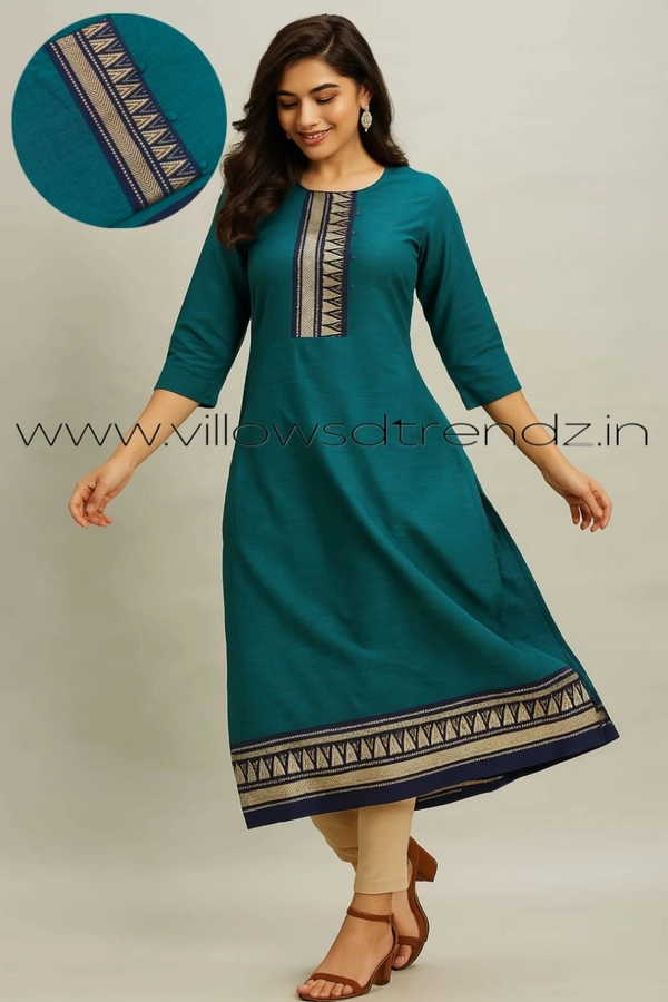 Twill Blue Chettinad Cotton Kurtis| Side cut |3/4th sleeve|Peacock Blue | CK23531 - L, Peacock Blue