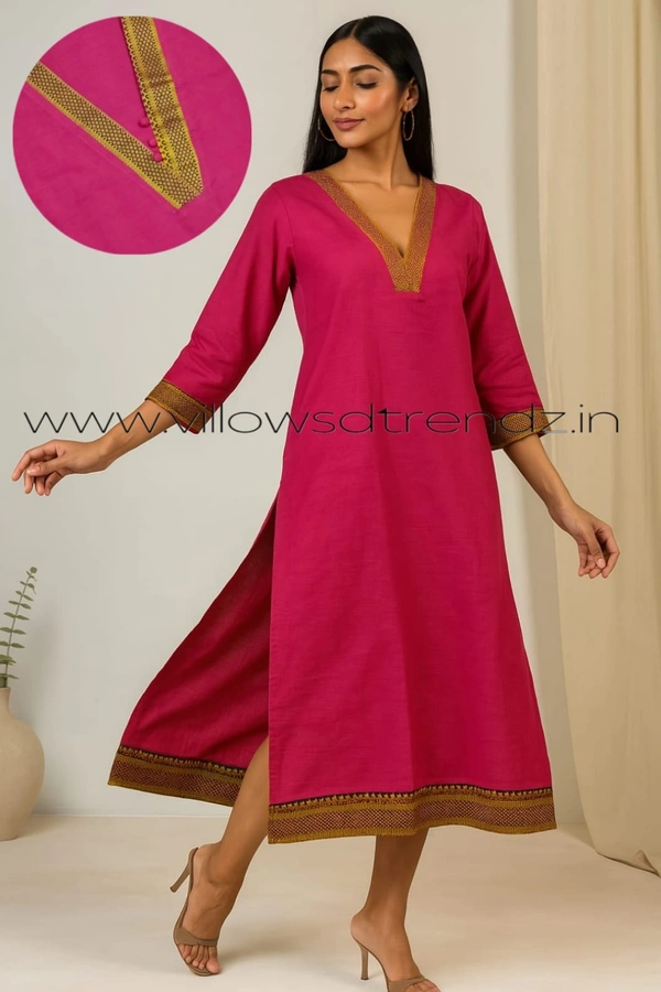 Twill Blue Chettinad Cotton Kurtis| Side cut |3/4th sleeve|Pink | CK22550 - L, Pink