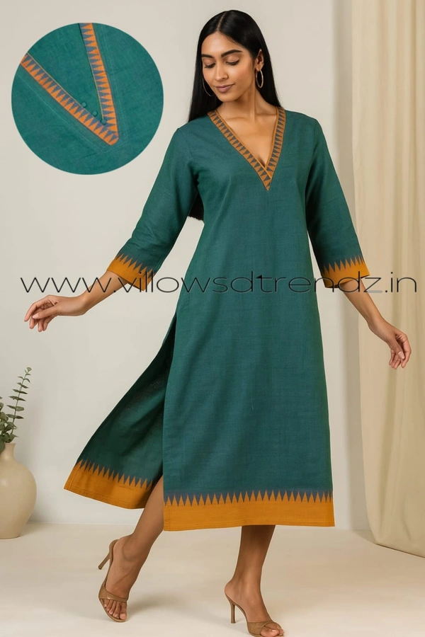 Twill Blue Chettinad Cotton Kurtis| Side cut |3/4th sleeve|Rama Green | CK22551 - M, Rama green