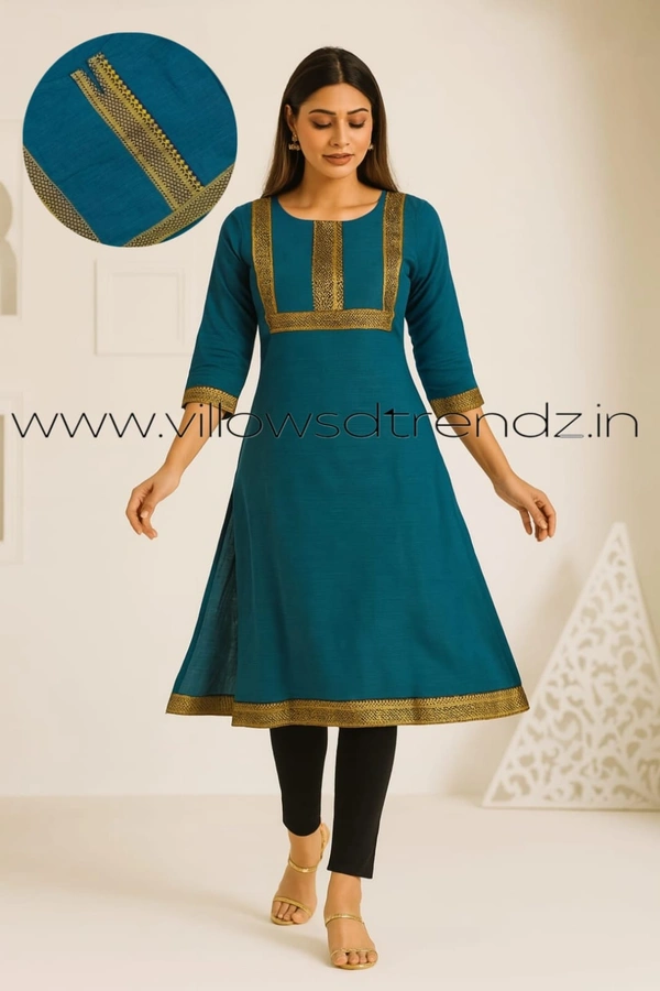 Twill Blue Chettinad Cotton Kurtis| Side cut |3/4th sleeve|Rama Green| CK23521 - M, Rama Green
