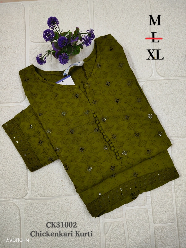 Twill Blue Chickenkari Kurti with full sequence work CK31002 - M, Green