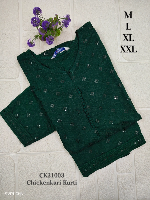 Twill Blue Chickenkari Kurti with full sequence work CK31003 - M, Dark Green