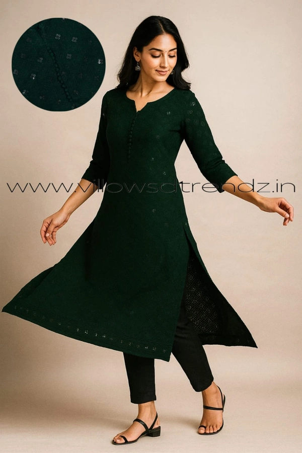 Twill Blue Chickenkari Kurti with full sequence work CK31003 - Dark Green, L