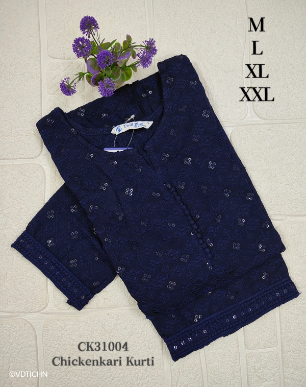 Twill Blue Chickenkari Kurti with full sequence work CK31004 - M, Dark Blue