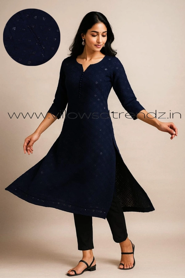 Twill Blue Chickenkari Kurti with full sequence work CK31004 - Dark Blue, XL