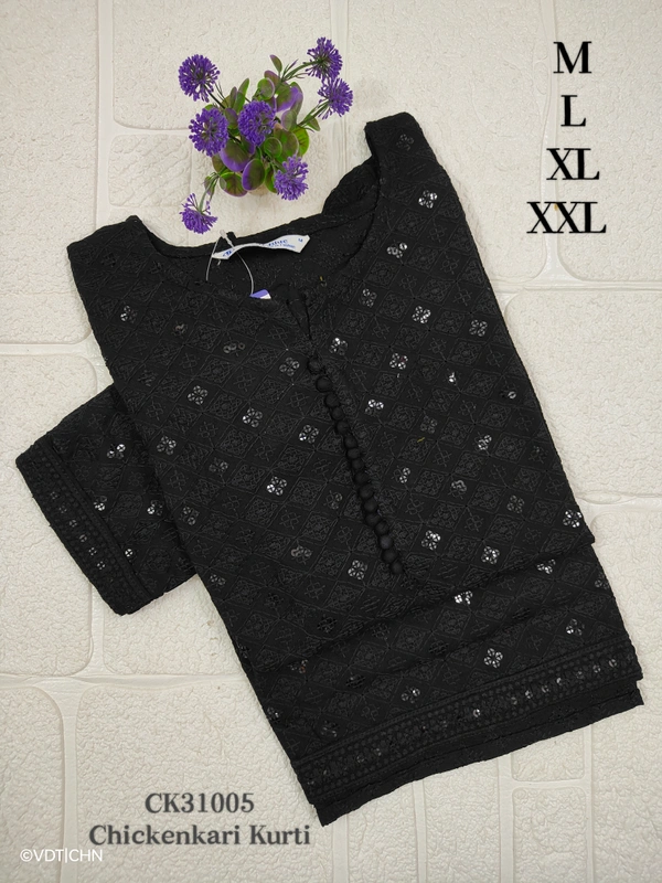 Twill Blue Chickenkari Kurti with full sequence work CK31005 - XL, Black
