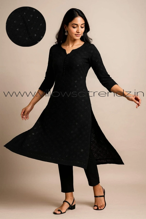 Twill Blue Chickenkari Kurti with full sequence work CK31005 - Black, L