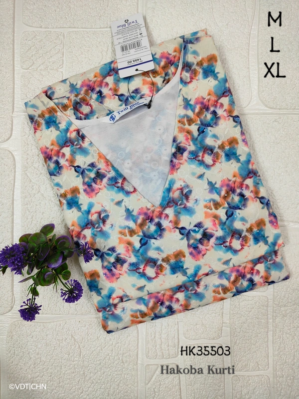 Twill Blue Chickenkari Kurti with full sequence work HK35503 - L, Multi Colour