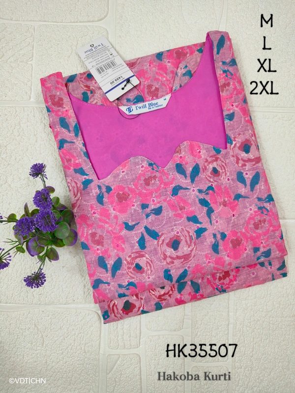 Twill Blue Chickenkari Kurti with full sequence work HK35507 - 2XL, Pink