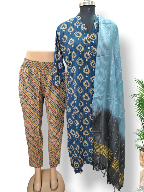 Twill Blue Collor Designer Neck  Kurti With Phant& Duppata  KS1551 - Blue, M