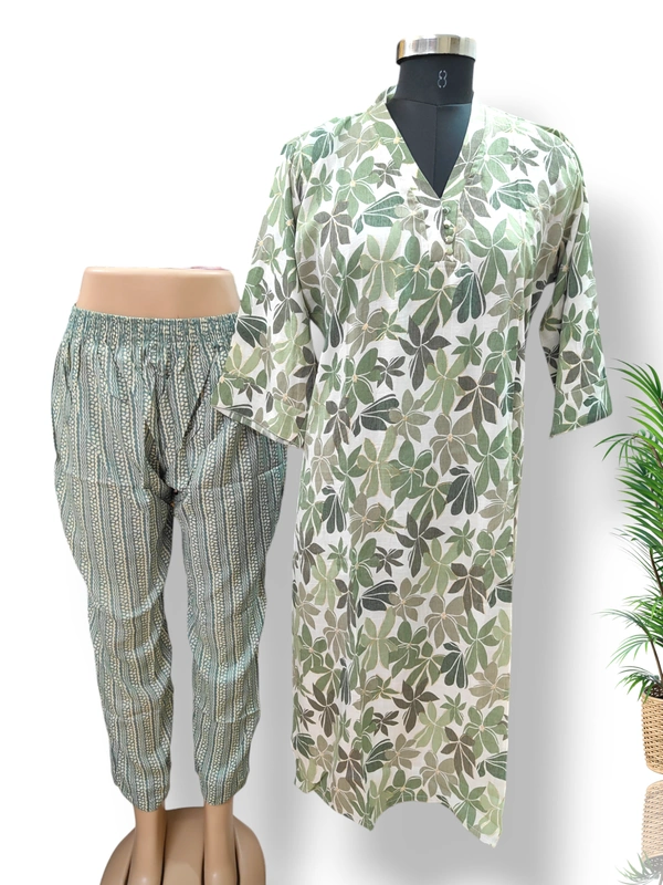 Twill Blue Collor Designer Neck  Kurti With Phant  KS1552 - Olive Green, S