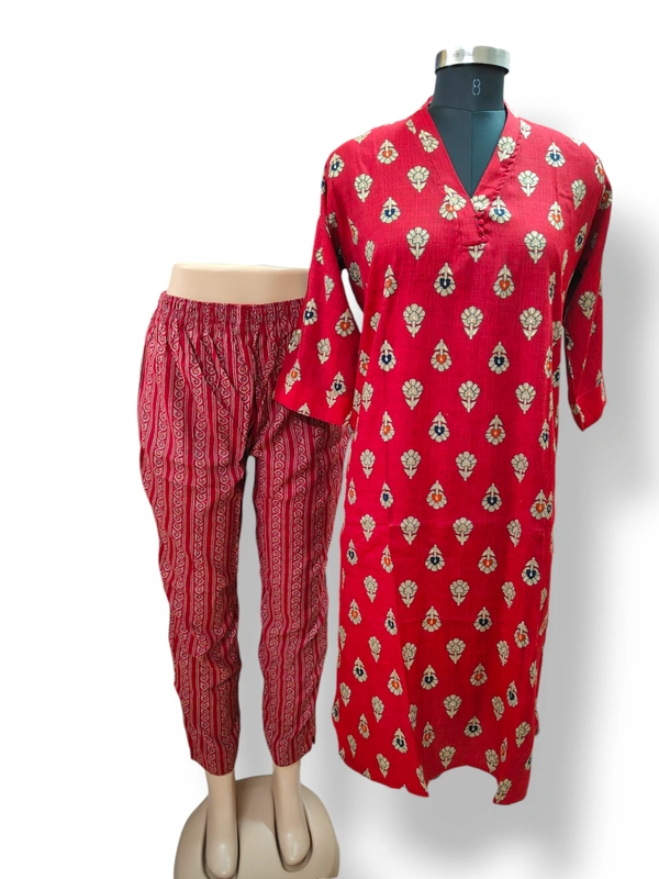 Twill Blue Collor Designer Neck  Kurti With Phant  KS1553 - Red, XL