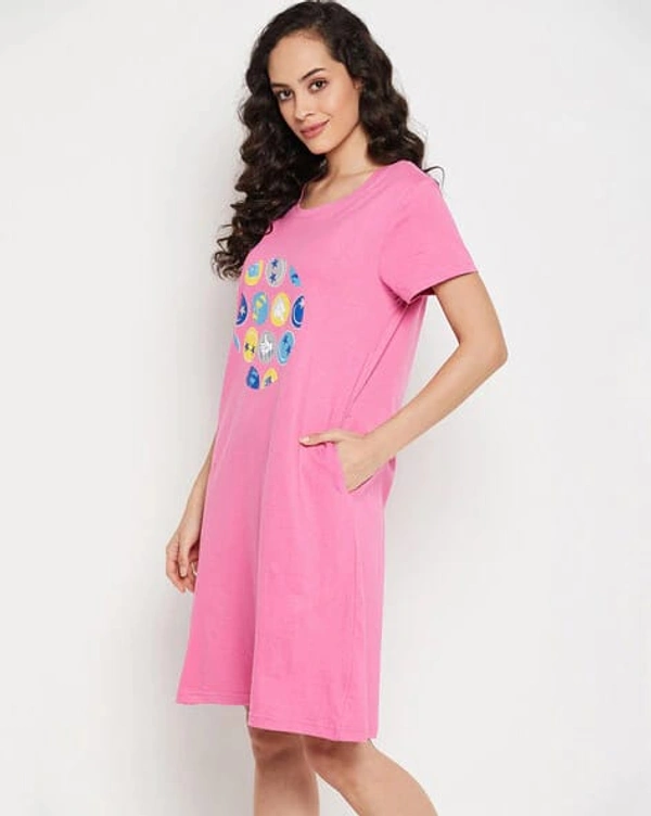 CLOVIA Cotton Knee Length Nightdress | Pink | LP13005 - L, Pink