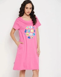 CLOVIA Cotton Knee Length Nightdress | Pink | LP13005 - L, Pink