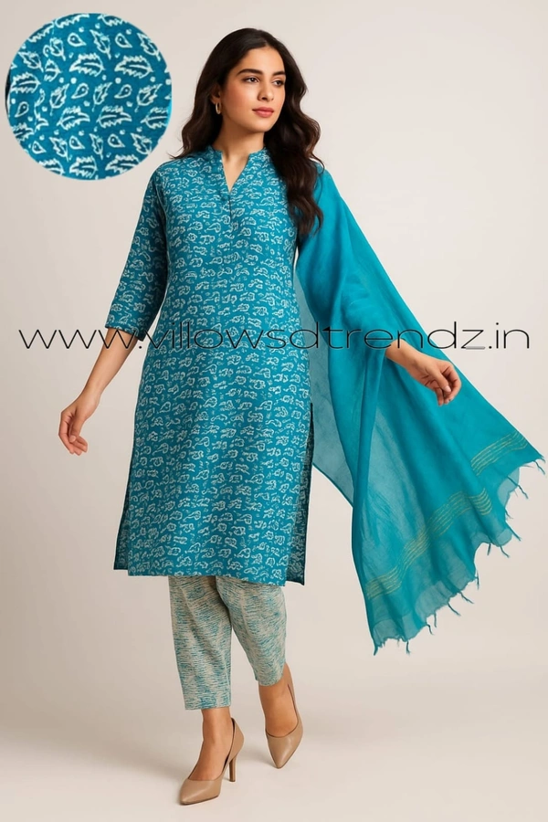 Twill Blue Cotton kurti with Phant and Shawl | 4XL | Peacock blue| 468 - 4XL, Peacock blue