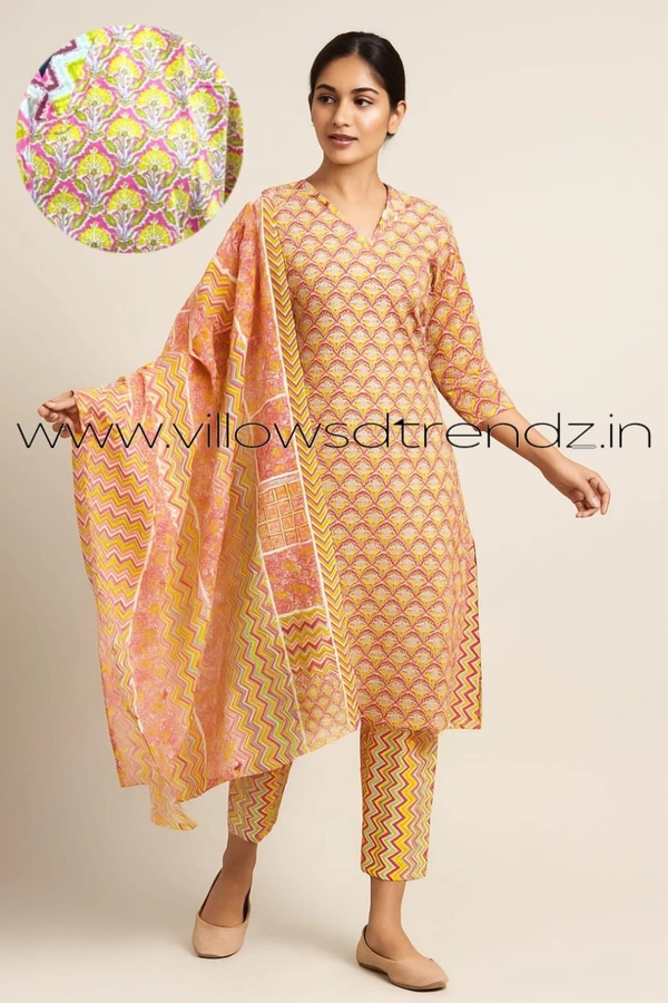 Twill Blue Cotton kurti with Phant and Shawl |  L| Multi colour | 441 - L, Multi colour