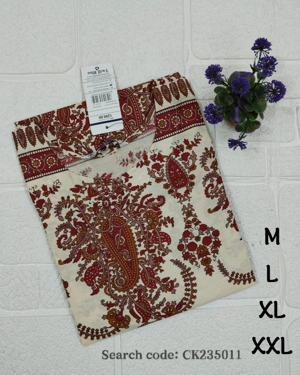 Twill Blue Cotton Kurtis CK235011 - M, White With Maroon