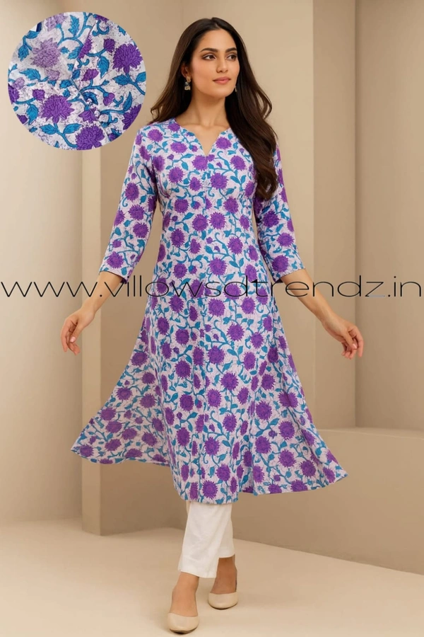 Twill Blue Cotton Kurtis| Purple Florel | KKC003 - L, Purple Florel