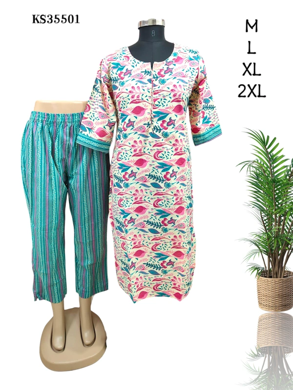 Twill Blue Designed Neck Kurti With Phant KS35501 - XL, Sky blue With Pink