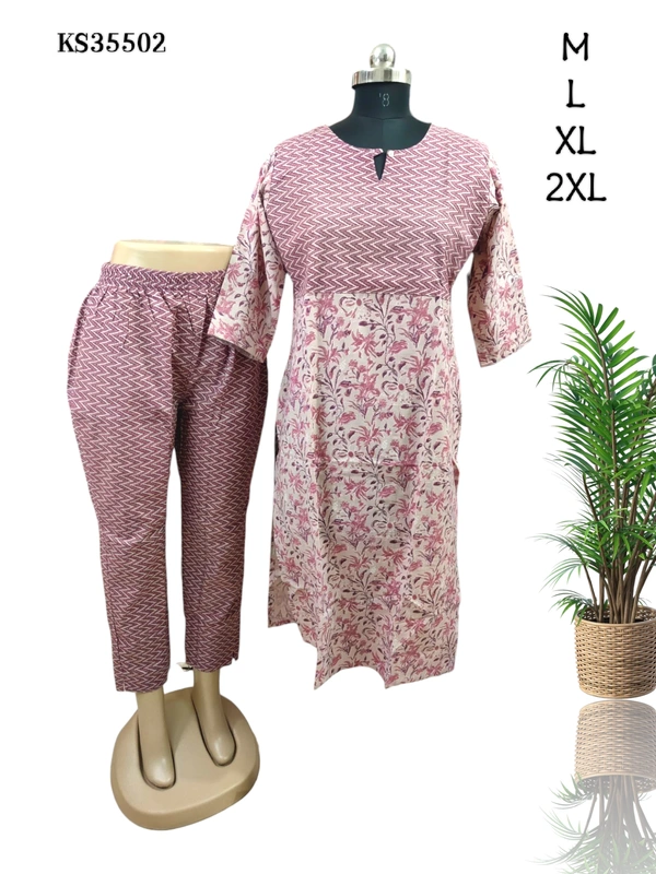 Twill Blue Designed Neck Kurti With Phant KS35502 - M, Light Pink