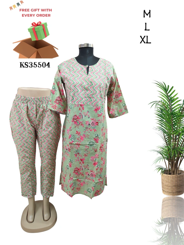 Twill Blue Designed Neck Kurti With Phant KS35504 - M, Peach Green