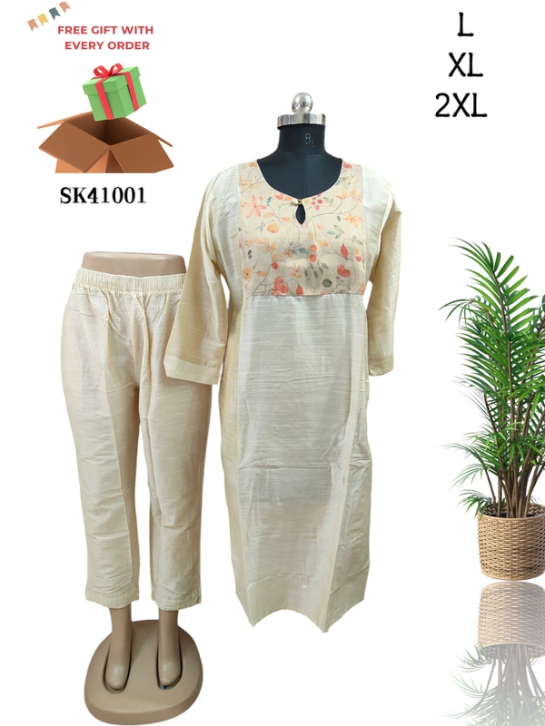 Twill Blue Designed Neck Kurti With Phant SK41001 - XL, Half White