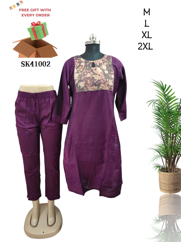 Twill Blue Designed Neck Kurti With Phant SK41002 - M, Royal Purple