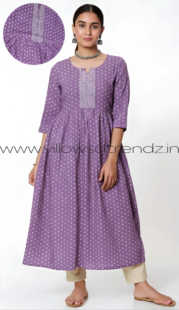 Ruthvi Ethnics Designer Kurti with Lining| Gown| 3/4th Sleeve| Lavender | BT001 - M, Lavender