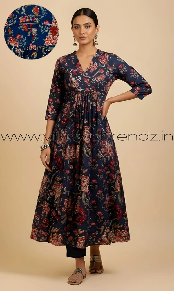 Ruthvi Ethnics Designer Kurti with Lining| Gown| 3/4th Sleeve|Blue | KL46002 - M, Blue