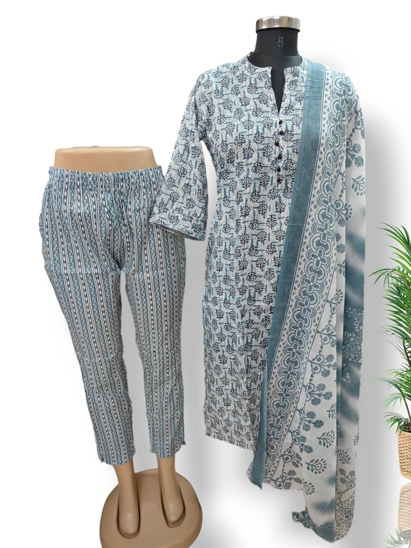 Twill Blue Designer Neck  Kurti With Phant &Duppata  465 - Ash, L