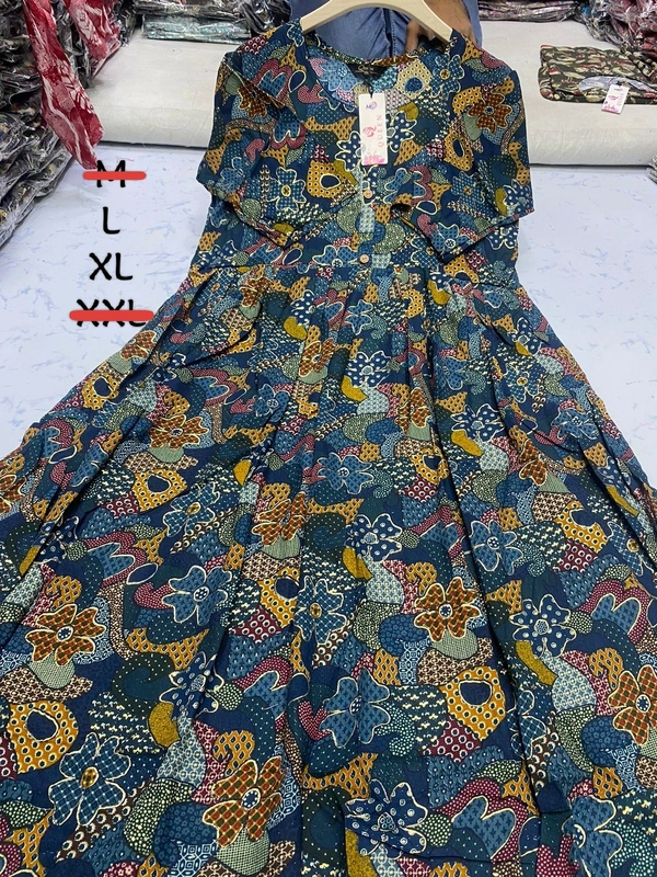 Liva Queen Dry leaf Printed Blue Umbrella Kurti UM816 - L, Blue
