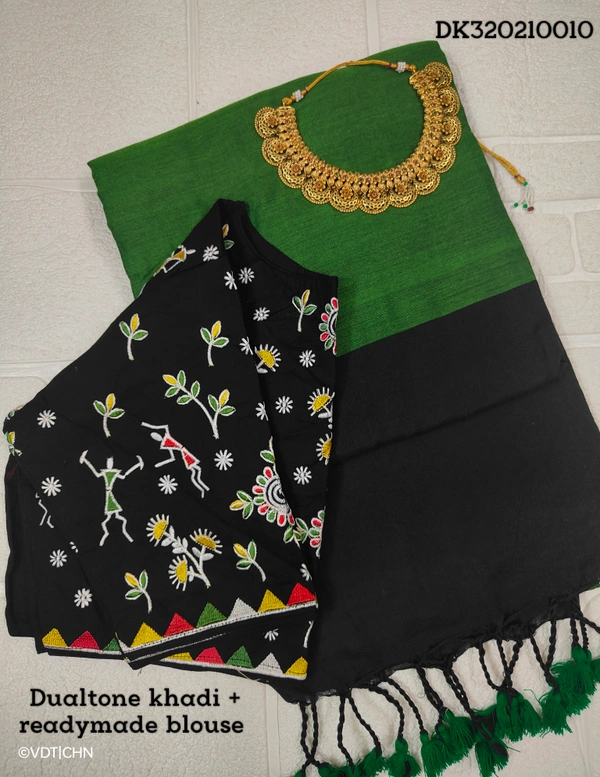 Ruthvi Ethincs Dualtone Khadi With Blouse DK320210010 - Saree With Blouse, Peacock Blue