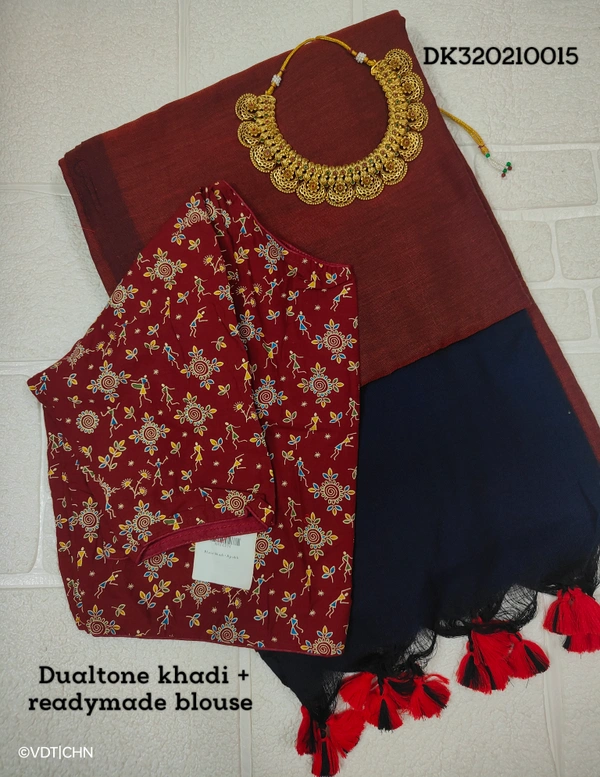 Ruthvi Ethincs Dualtone Khadi With Blouse DK320210015 - Saree With Blouse, Maroon