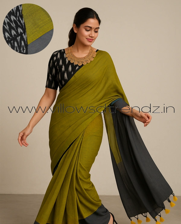 Ruthvi Ethincs Dualtone Khadi With Blouse DK32021002 - Golden Green, Saree With Blouse