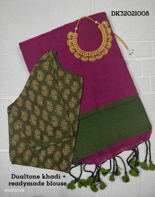 Ruthvi Ethincs Dualtone Khadi With Blouse DK32021008 - Saree With Blouse, Green