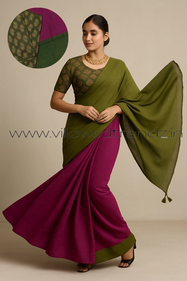Ruthvi Ethincs Dualtone Khadi With Blouse DK32021008 - Green, Saree With Blouse