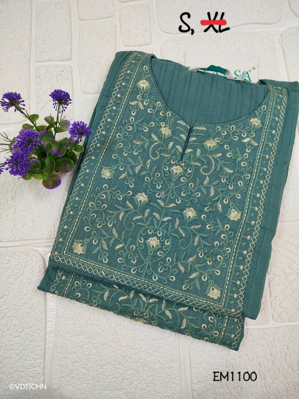 Twill Blue Embrodiery Popcorn Kurti EM1100 - S, Rama Green