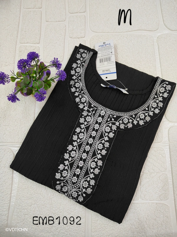 Twill Blue Embrodiery Popcorn Kurti EMB1092 - M, Black