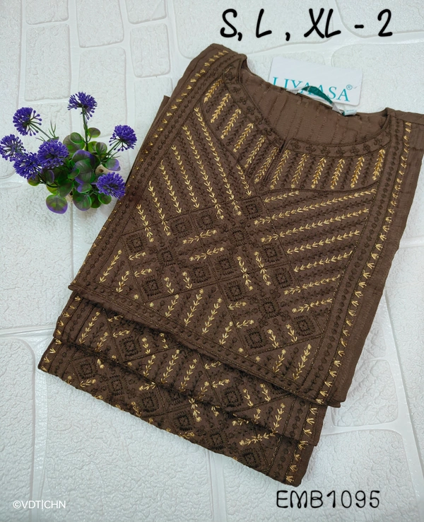Twill Blue Embrodiery Popcorn Kurti EMB1095 - XL, Brown
