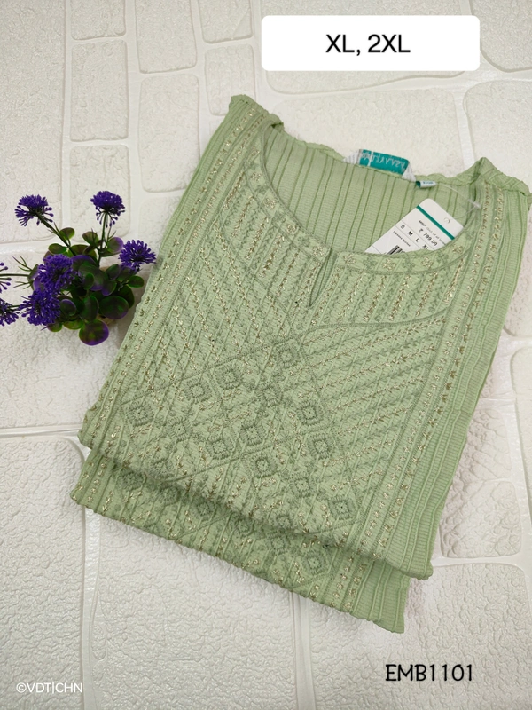 Twill Blue Embrodiery Popcorn Kurti EMB1101 - XL, Green
