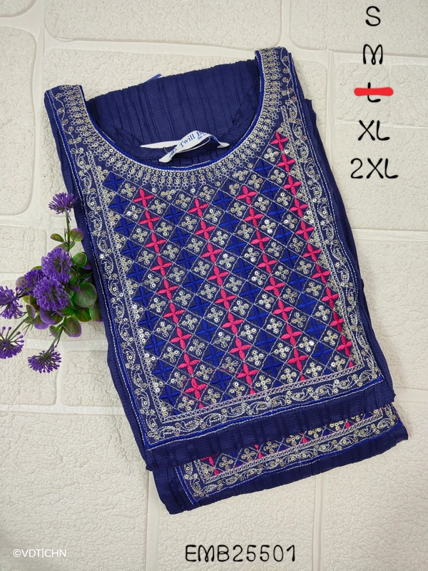 Twill Blue Embrodiery Popcorn Kurti EMB25501 - M, Blue