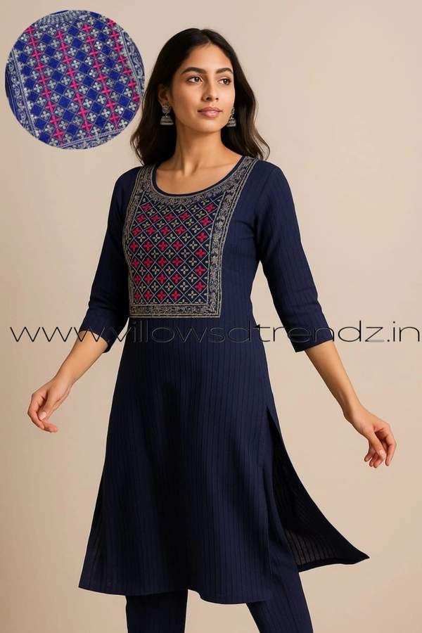 Twill Blue Embrodiery Popcorn Kurti EMB25501 - Blue, S
