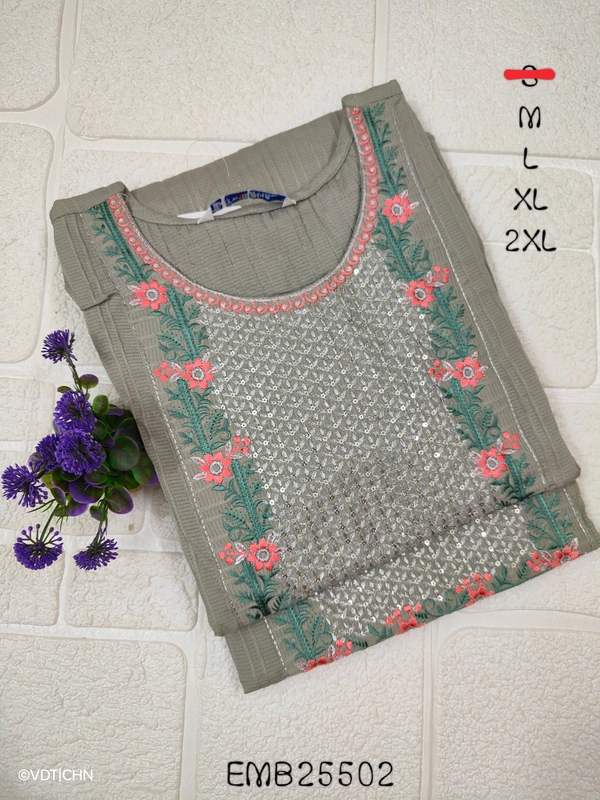 Twill Blue Embrodiery Popcorn Kurti EMB25502 - M, Grey