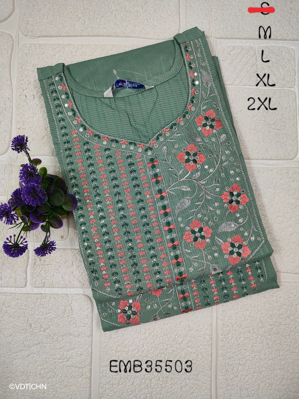 Twill Blue Embrodiery Popcorn Kurti EMB35503 - XL, Green