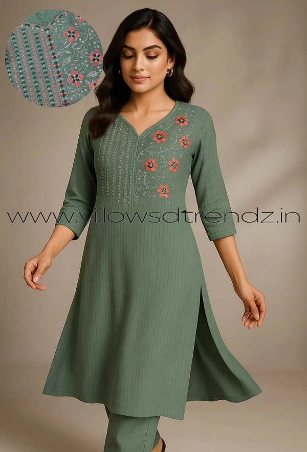 Twill Blue Embrodiery Popcorn Kurti EMB35503 - Green, XL