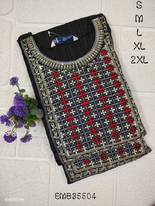 Twill Blue Embrodiery Popcorn Kurti EMB35504 - 2XL, Black