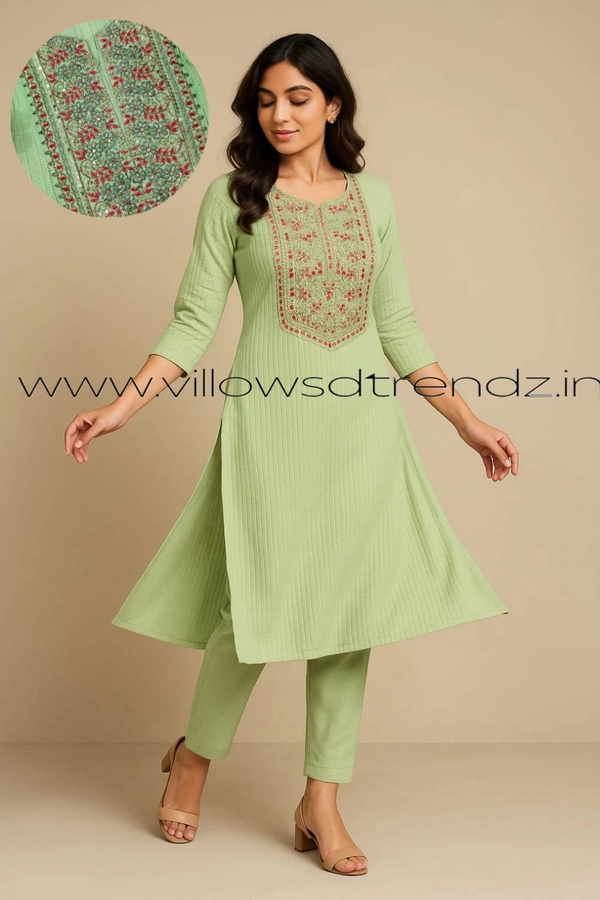 Twill Blue Embrodiery Popcorn Kurti EMB35506 - Peach Green, S