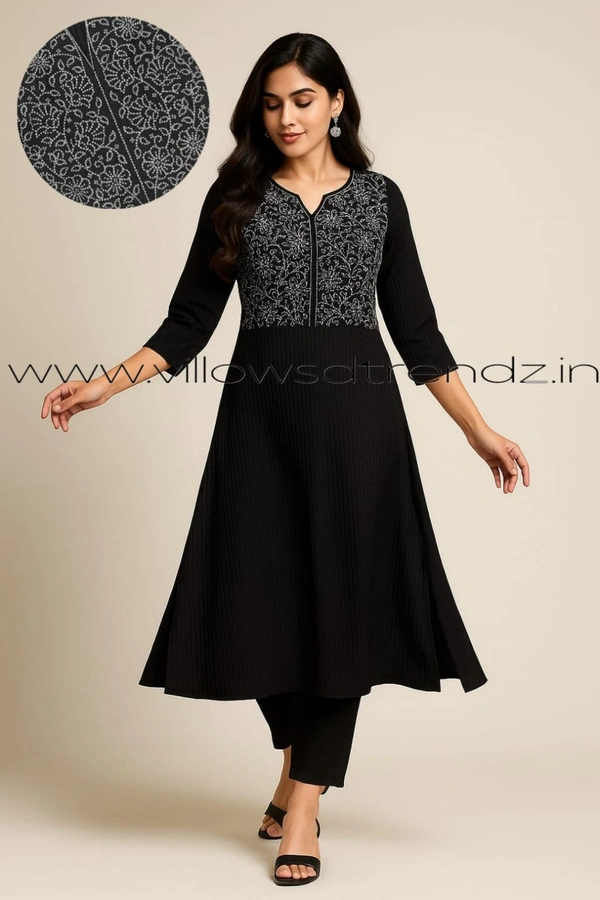 Twill Blue Embrodiery Popcorn Kurti EMB35507 - Black, XL