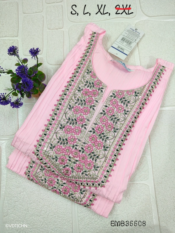 Twill Blue Embrodiery Popcorn Kurti EMB35508 - S, Pink