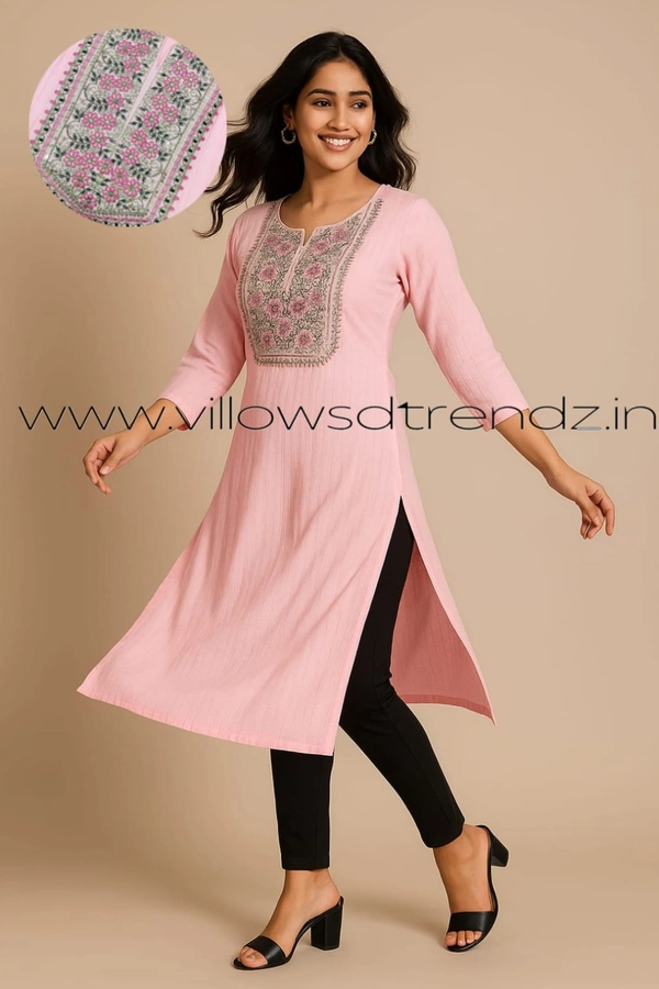 Twill Blue Embrodiery Popcorn Kurti EMB35508 - Pink, L